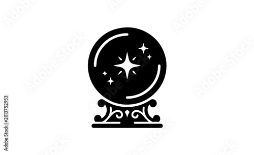 Minimalist crystal ball icon, black magic sphere with sparkling stars on ornate stand, mystical fortune telling symbol for web design and branding