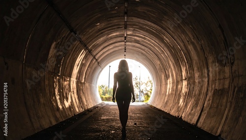 Silhouetted person walking into a light-filled tunnel