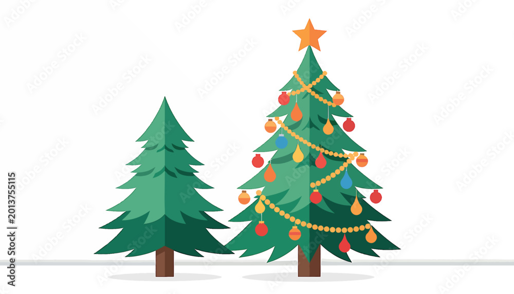 Obraz premium Two stylized Christmas tree illustrations featuring modern minimalist evergreen shapes with decorative ornaments and geometric patterns on a clean background for winter holidays.