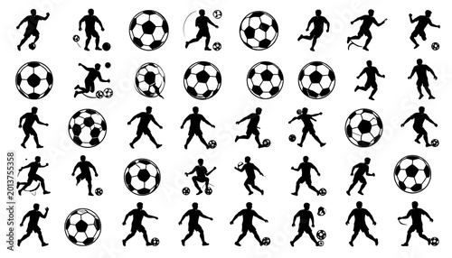 Silhouetted soccer players and balls in various action poses, arranged in a grid pattern on a white background