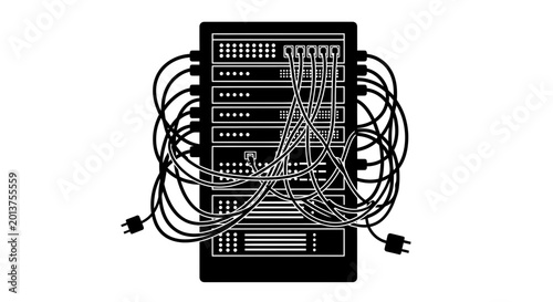 Server rack with tangled network cables and disorganized wiring