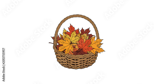Woven basket with vibrant autumn maple leaves on white background