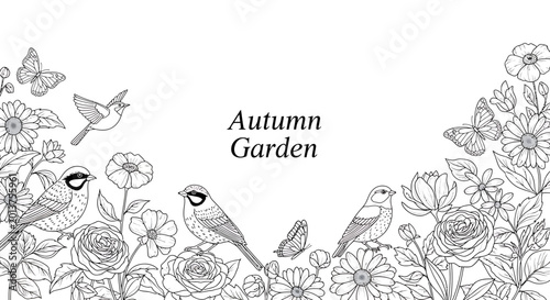 Autumn Garden Border with Birds and Flowers Line Art Coloring Page
