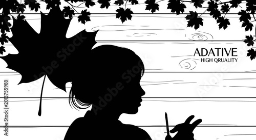 Silhouette of young girl with maple leaves on wooden background