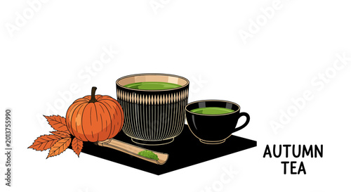 Traditional Autumn Matcha Tea Set with Pumpkin and Fallen Leaves