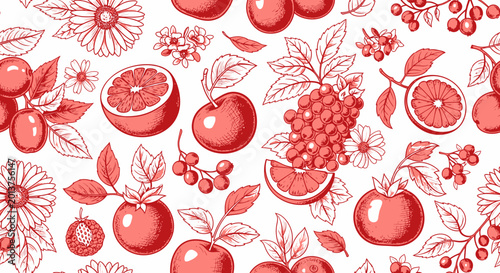 Red vintage hand drawn botanical pattern with fruits and flowers