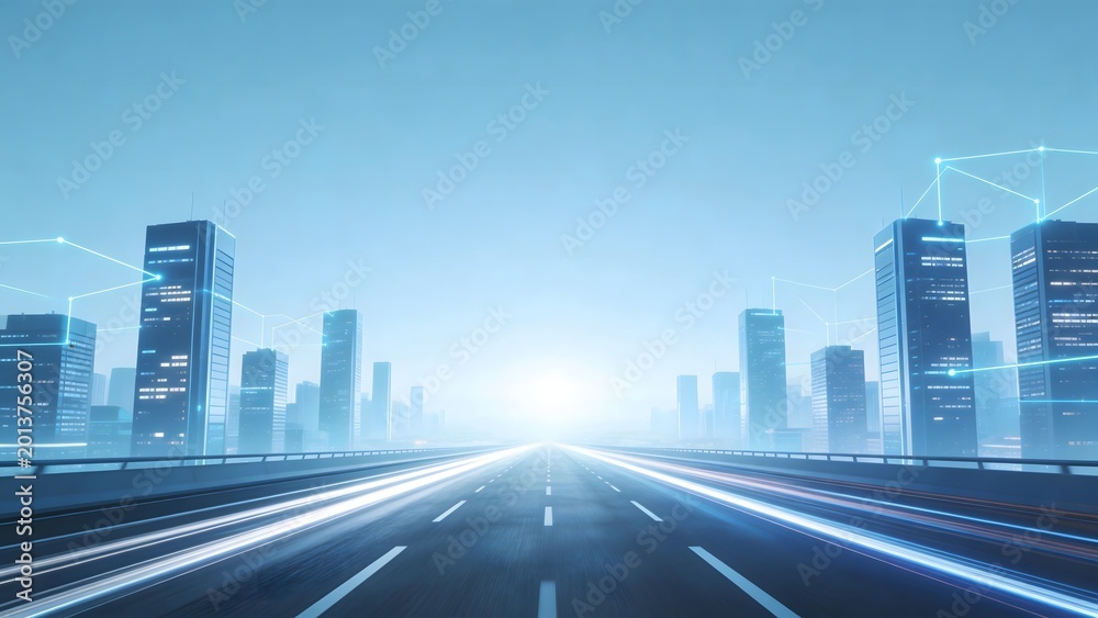 Fototapeta premium Futuristic city highway with glowing buildings