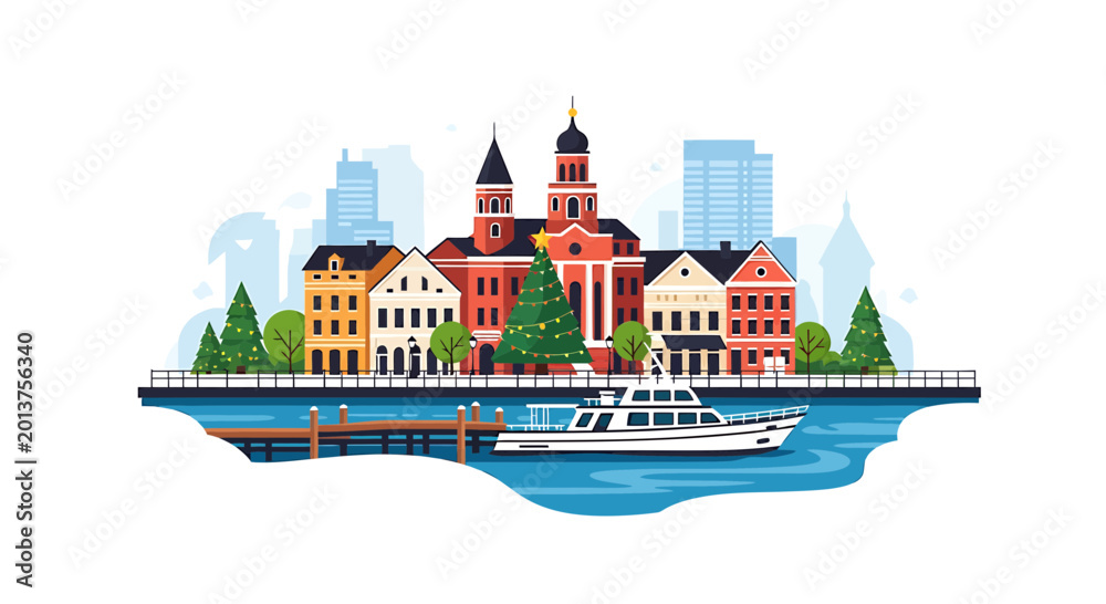 Fototapeta premium European waterfront city during Christmas season with yacht