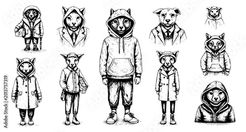 Fotografía Collection of anthropomorphic animal heads wearing various hoodies and coats ill