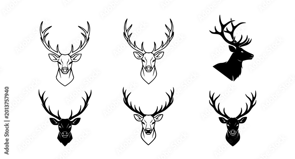 Fototapeta premium Set of deer head illustrations and silhouettes in black and white for hunting and wildlife design