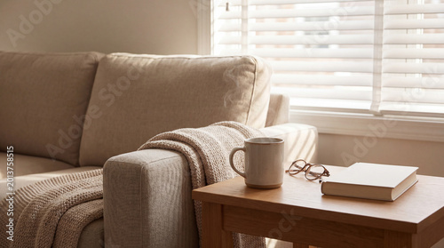 фотографія Cozy living room scene with a beige sofa, warm blanket, and wooden table in bright natural light