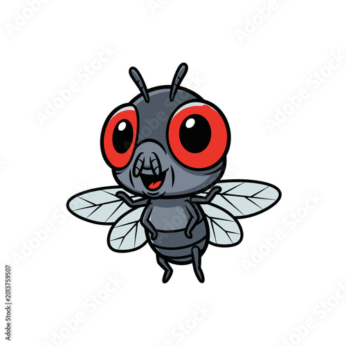 Cute cartoon fly character illustration with large red eyes and translucent wings isolated on a white background. Hand-drawn vector style graphic of a friendly housefly mascot.