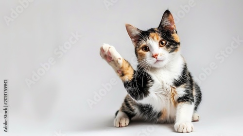 Isolated Sitting Domestic Calico Cat Raising Paw Up, Cute Friendly Kitten Posing Indoors