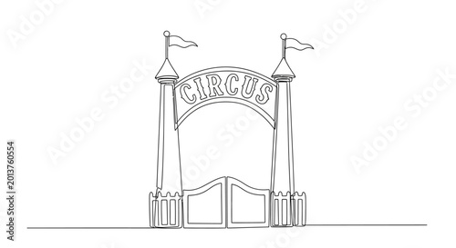 Fotografía Circus Entrance Gate Outline - Festive Archway with Flags and Gates