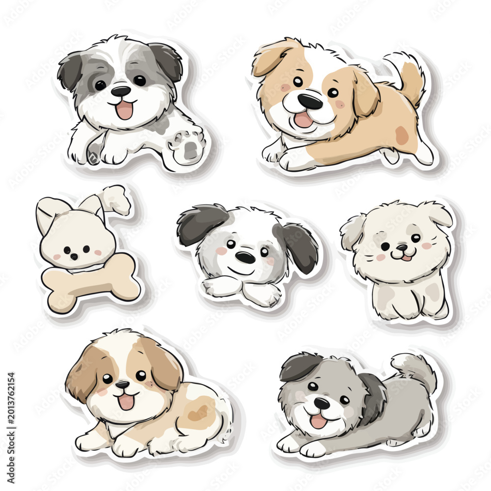 Obraz premium Cute cartoon puppy stickers collection with adorable playful dogs