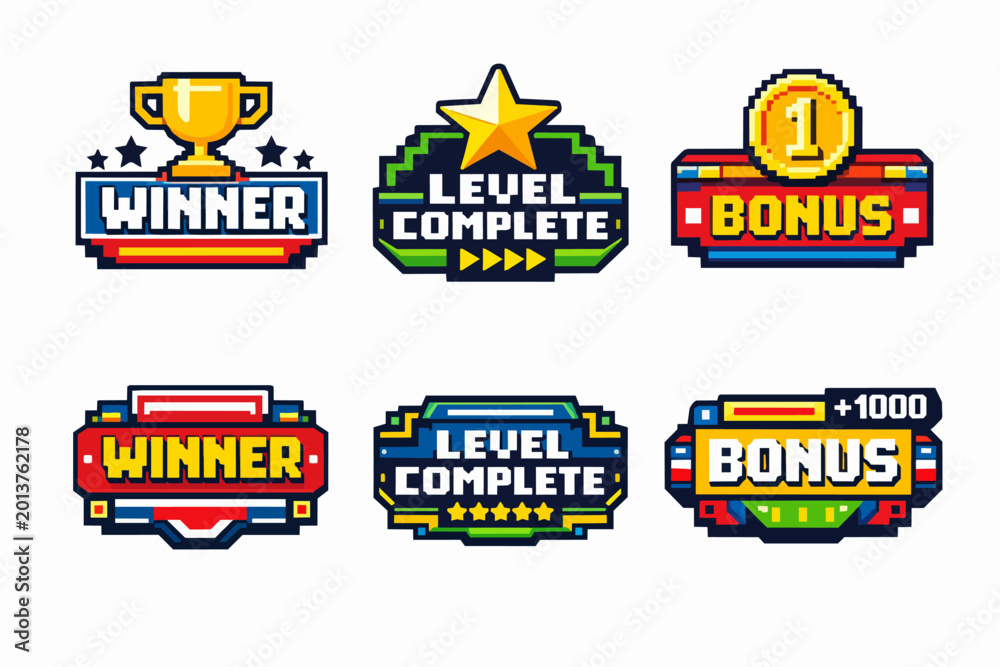 Naklejka premium Pixel art winning, level complete, bonus game elements