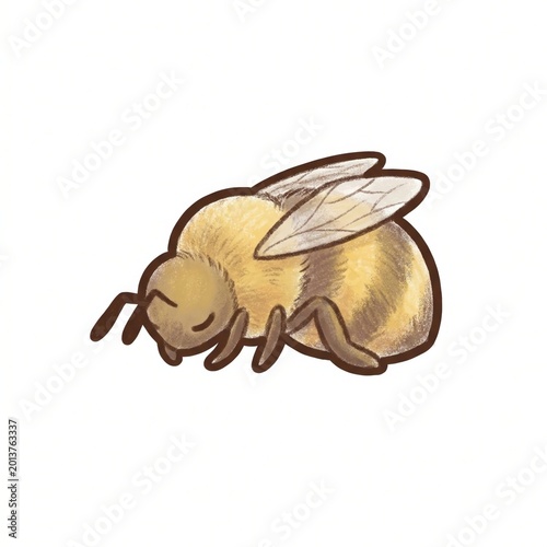 bee drawing of sleepy fuzzy honeybee resting sideways, warm crayon texture, thick brown outline, soft golden body, folded wings, peaceful expression, and clean white background for gentle kids art
