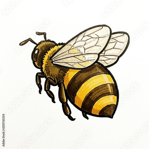 bee drawing in loose marker and watercolor style, side view honeybee with bold ink outline, translucent veined wings, golden striped body, sketchy texture, and clean white background for insect art