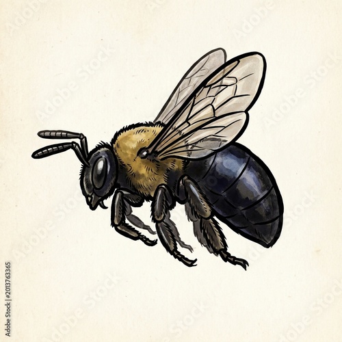 bee drawing of dark honeybee in realistic watercolor and ink style, side profile pose, smoky blue black abdomen, transparent wings, fine leg detail, and subtle paper texture for natural insect art