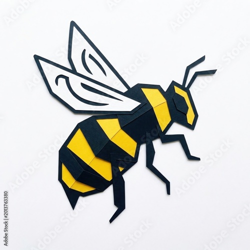 bee drawing with geometric paper cut style, angular black and yellow body, folded layered wings, sharp silhouette, handcrafted collage look, and clean white background for modern pollinator design