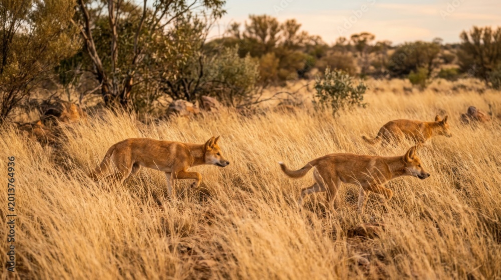 Fototapeta premium Three Dingoes Running Through Tall Golden Grass in Australian Outback Landscape.