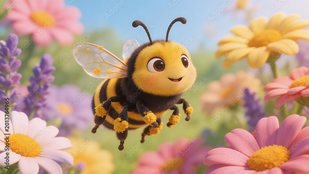 Fototapeta premium Animated bee flying among flowers