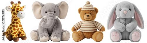 Tableau sur toile A charming group of plush toy animals including a giraffe, elephant, teddy bear, and bunny