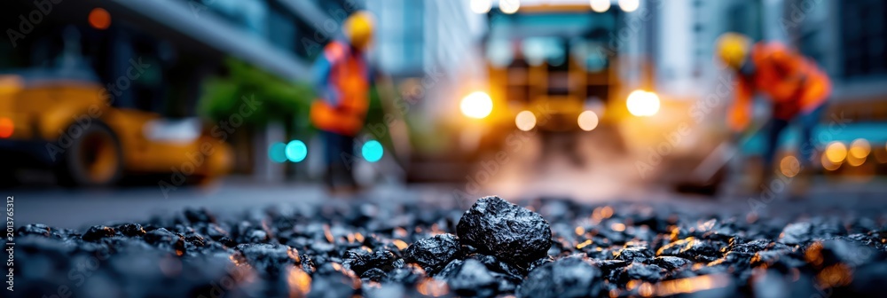 Fototapeta premium Fresh asphalt being laid on an urban road with workers and roller during city street repair