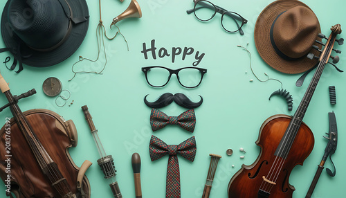 Flat lay of vintage accessories and musical instruments with happy message on turquoise background