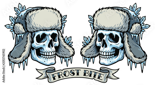 Fotografie Illustration of Frostbitten Skulls with Winter Hats and Ice Crystals