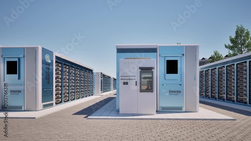 Alternative energy concept with 3d rendering group of energy storage systems or battery container units with solar panels 4k footage