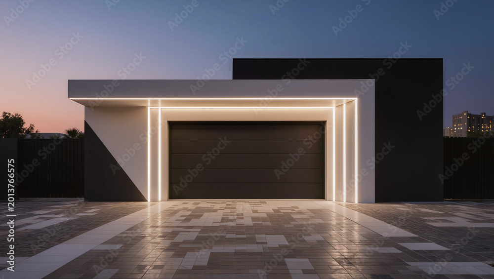 Fototapeta premium Modern Garage at Twilight with Illuminated Door