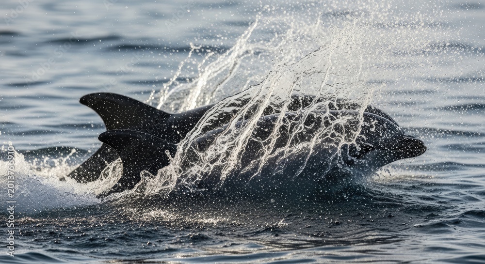 Fototapeta premium Dolphin Leaping Out of the Ocean Water with Splash and Sunlight.