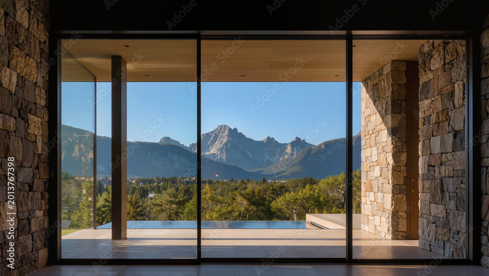 Fototapeta premium Modern House Interior with Mountain View and Infinity Pool