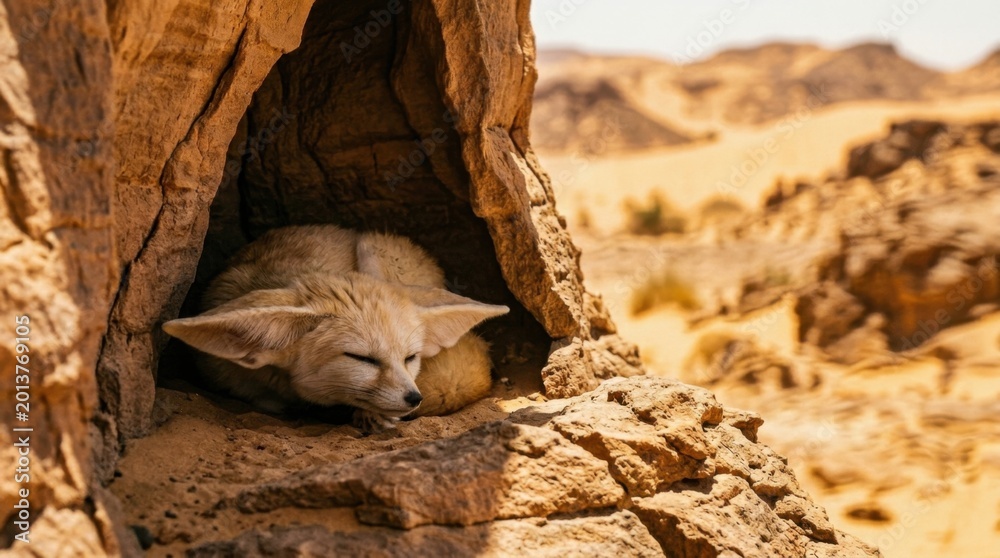 Fototapeta premium Fennec Fox Resting in a Desert Cave - Wildlife in Natural Habitat.
