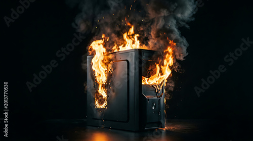 Computer tower engulfed in flames symbolizing system failure and data loss