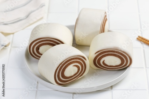 Mantou Steamed Bun Spiral Pattern on Plate Close Up