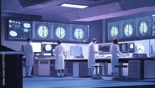 A modern medical laboratory with doctors and nurses working on multiple computer screens displaying brain images, showcasing the use of AI in mental health patient treatment