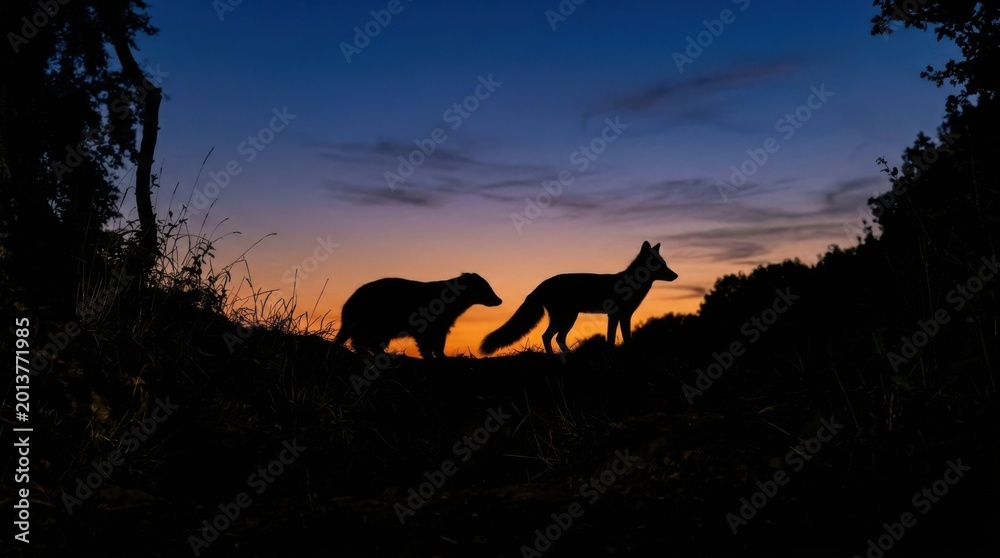 Fototapeta premium Silhouette of a Badger and Fox Against a Sunset Sky in Natures Embrace.