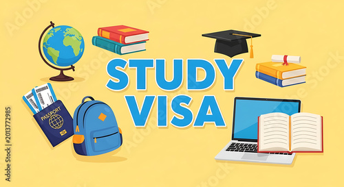 Study visa concept with globe books backpack and laptop on yellow background
