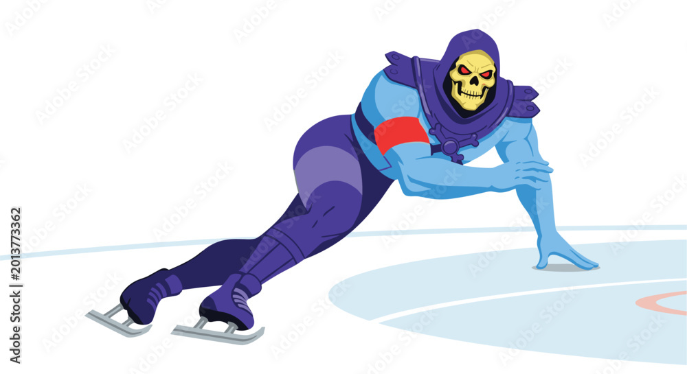 Obraz premium A muscular blue character with a skull face and purple armor performs a graceful ice skating move on a white rink with painted boundary lines.