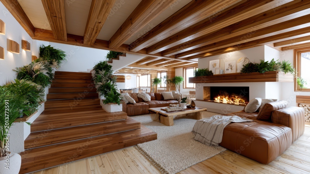 Fototapeta premium Luxurious wooden chalet living room with fireplace and modern staircase