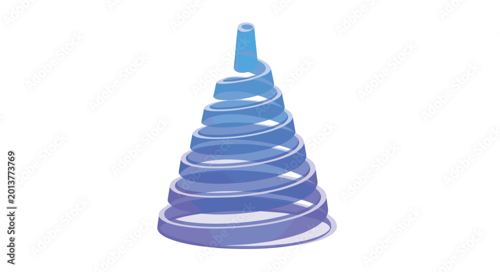 Fototapeta premium A translucent conical spiral structure with a tapering blue gradient flows upward toward a cylindrical top point against a clean white background environment.