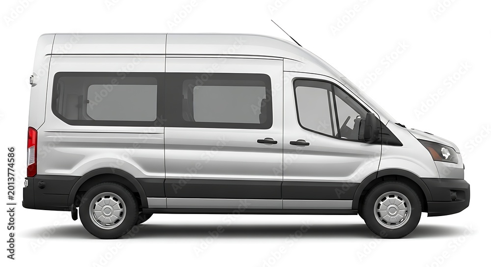 Fototapeta premium Side view of a modern silver passenger minibus with sliding doors