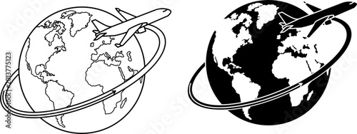 Global Logistics Airplane. Flat Vector Globe Icons Set