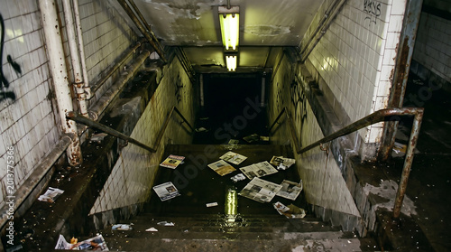 Abandoned Flooded Underground Staircase with Dark Urban Decay Atmosphere