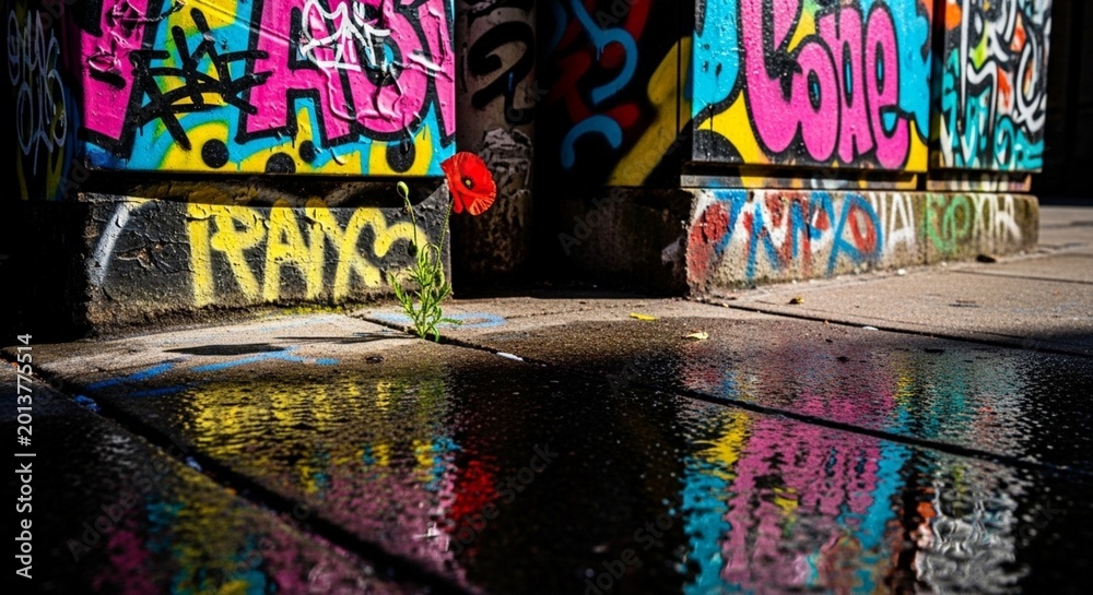 Obraz premium Red flower growing through cracked concrete beside colorful graffiti-covered utility boxes