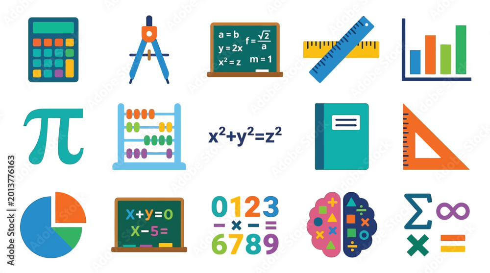 Fototapeta premium Collection of colorful flat icons representing mathematics and education concepts.