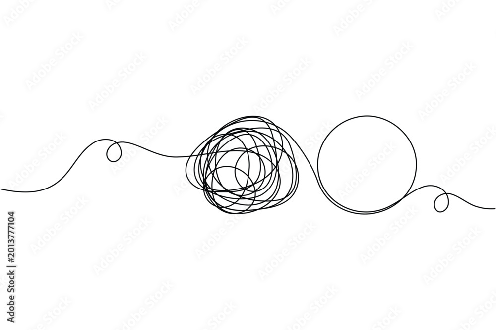 Obraz premium Modern chaos with circle messy tangle icon sign continuous one line drawing on white background mental and brainstorming thinking symbol vector illustration