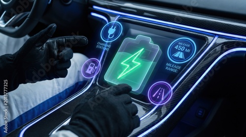 Electric Vehicle EV Battery Technology: Hands Interacting with Holographic Charging Interface, Lightning Bolt, and Mileage Range Data